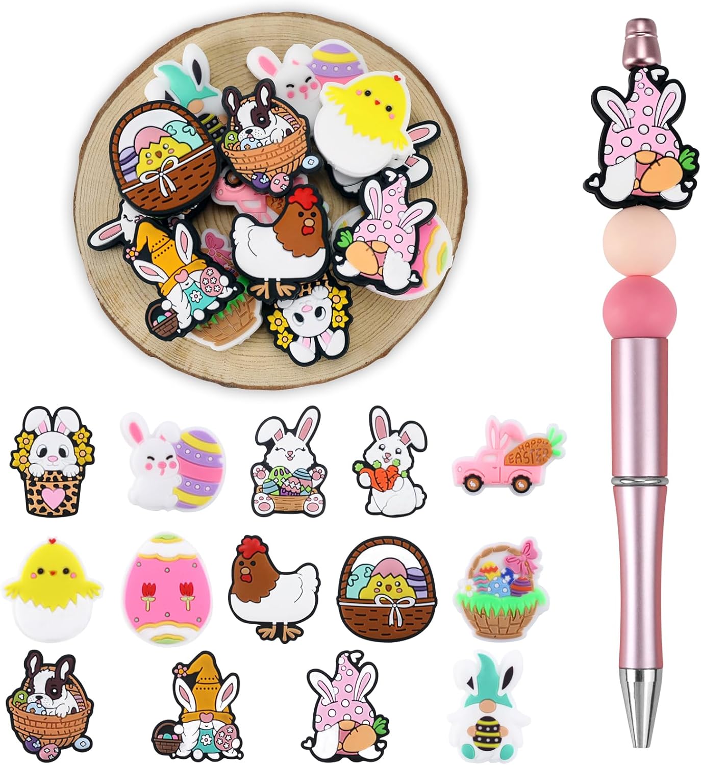 14pcs Easter Silicone Focal Beads, Round Silicone Beads for Keychain Making, Pens, Bracelet, Necklace Crafts (Pink, Easter)