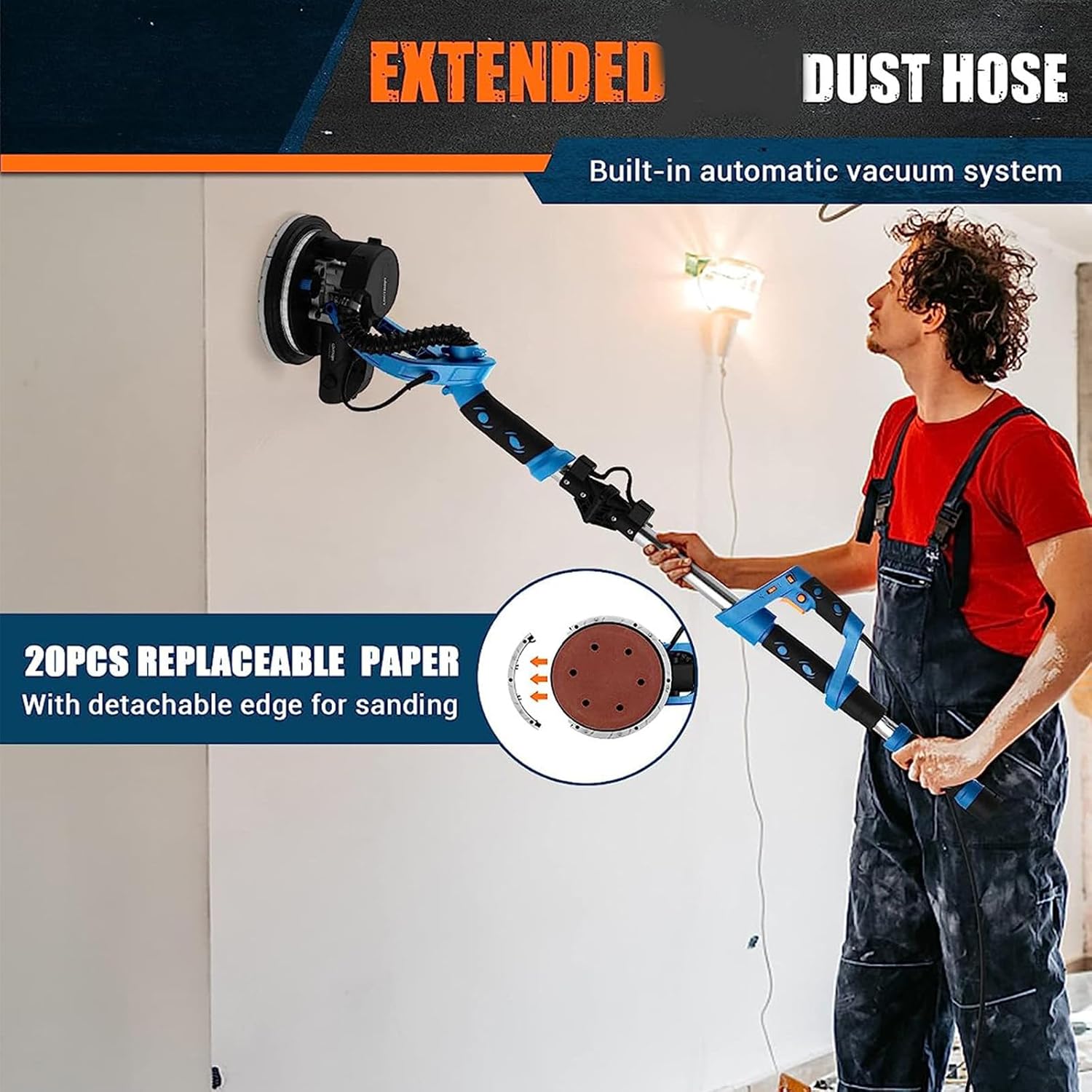 Drywall Sander,with Vacuum Telescopic Pole Electric Sander (Power 1800 W,Diameter 230 Mm,Speed 1000-2100 RPM,Grinding Head Can Be Tilted Up to 100°) 100sheetsofsandpaper