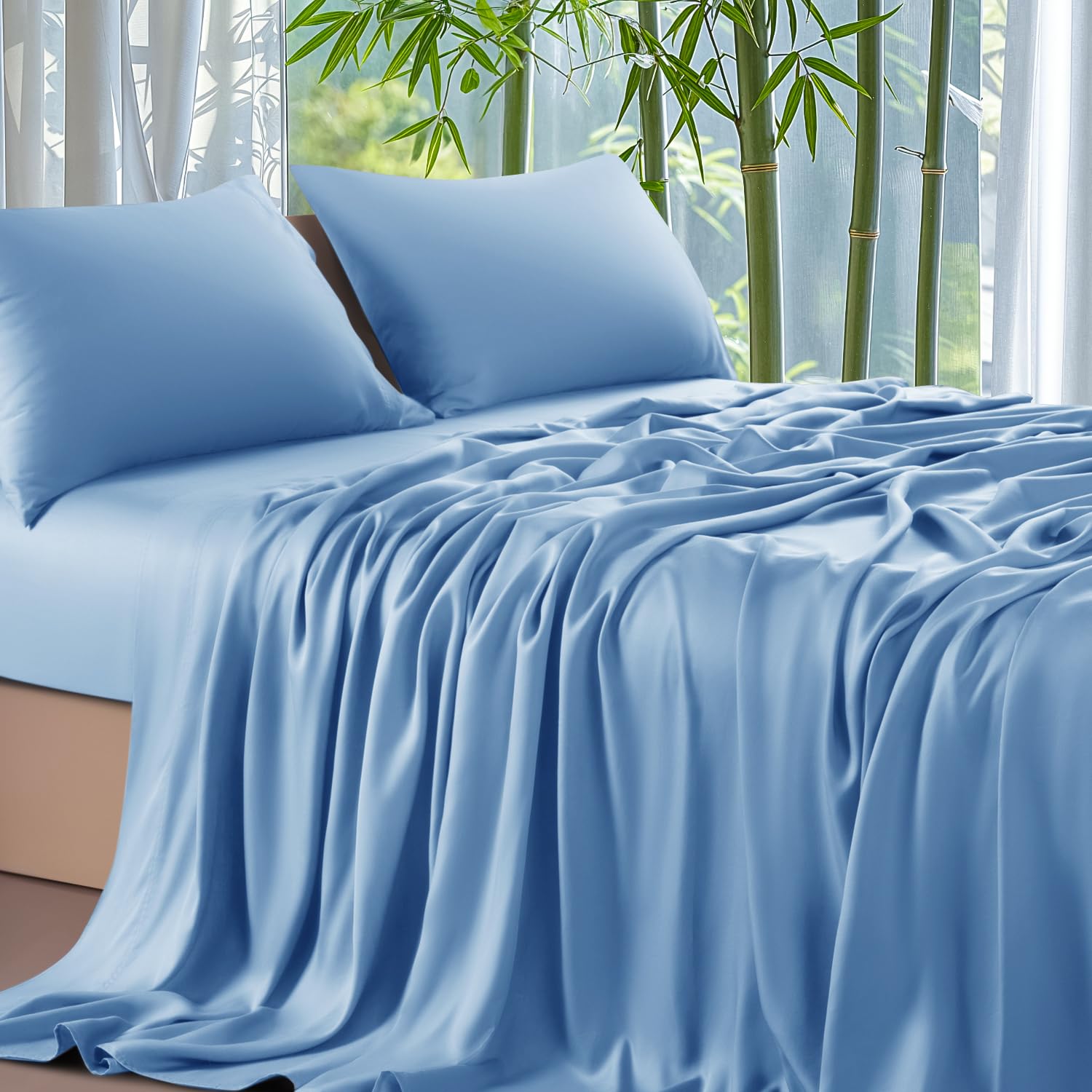 100% Viscose Derived from Bamboo_ Sheets Queen Size 4pcs - Ultra Cooling & Silky Soft Bed Sheets, 16" Deep Pocket, Perfect for Hot Sleepers, Hotel Bedding Sheets (Lake Blue)