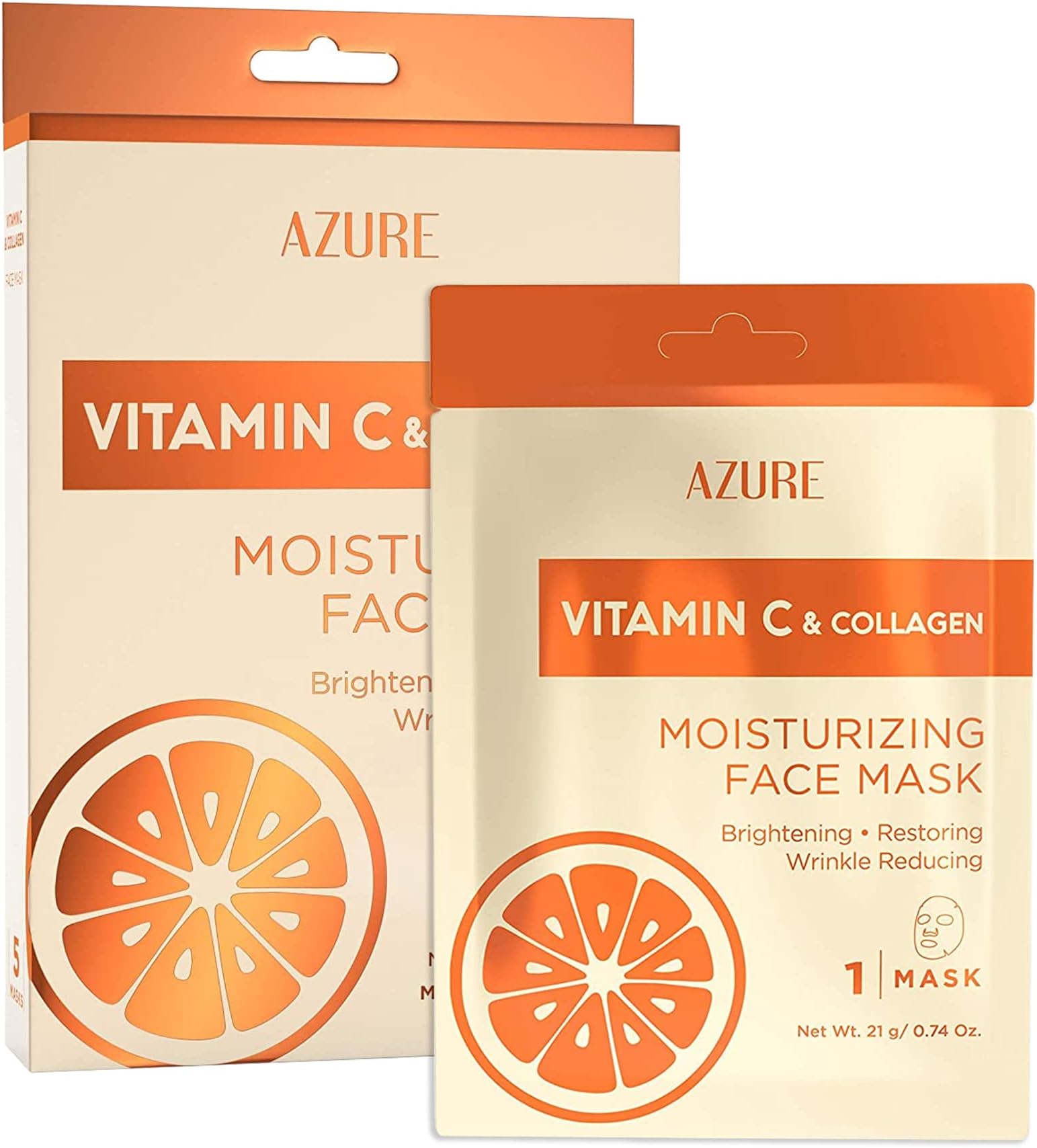 AZURE Vitamin C & Collagen Moisturizing Sheet Face Mask - Brightening, Restoring & Hydrating | Reduces Creases, Fine Lines & Wrinkles | Diminishes Signs of Aging | Made in Korea - 5 Pack