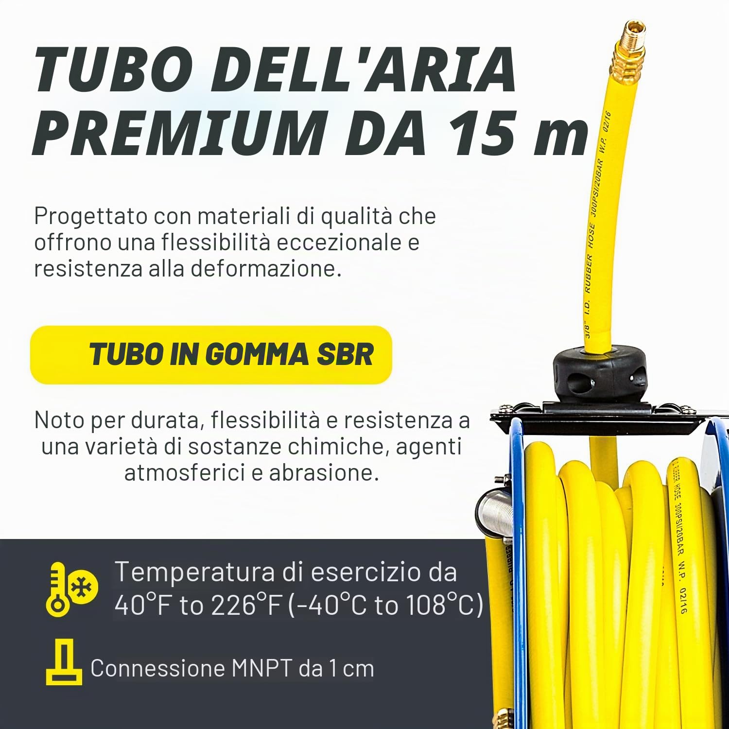 Goodyear, Avvolgitubo retrattile L815153G per compressore d'aria e tubo dell'acqua, in acciaio, con attacco da 9,5 mm x 15,2 m 1 tubo di gomma da massimo 300 psi.