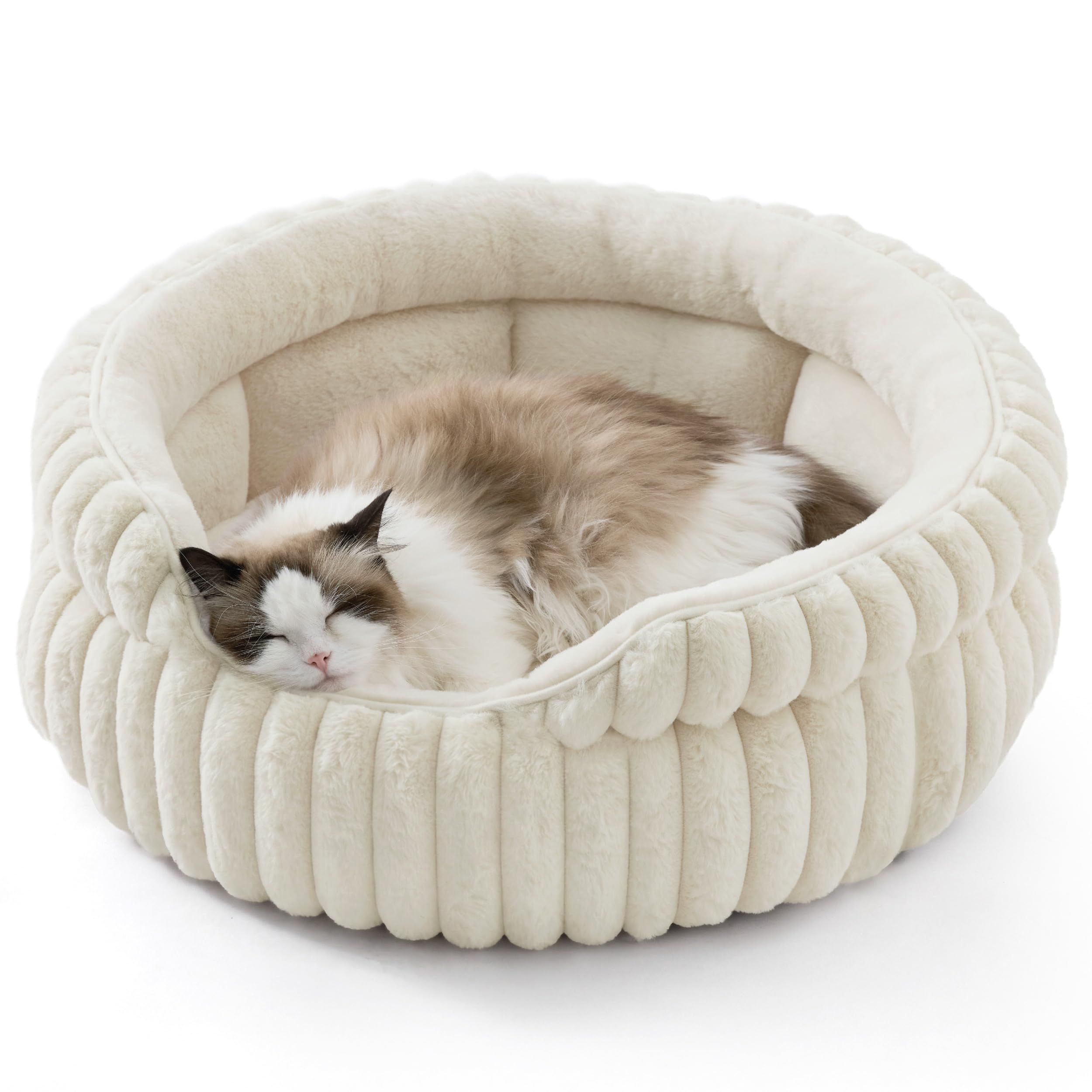 Bedsure ComfyFleece Cat Bed, Washable Round Cute Cat Beds for Indoor Cats, Super Soft Corduroy Pet Bed for Puppy and Kitten with Anti-Slip Bottom, 23''x23''x8.5'', Cream