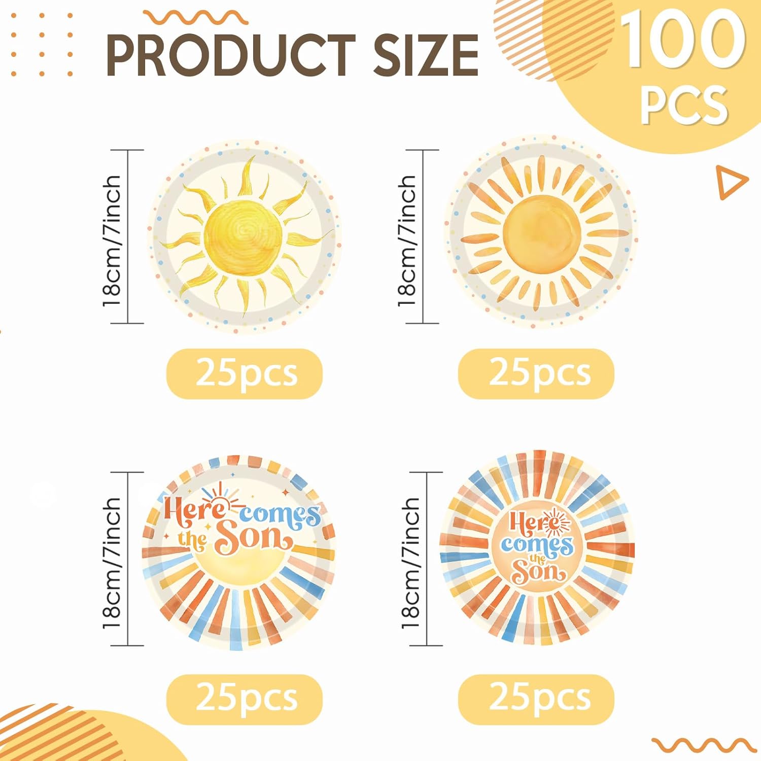 100Pcs Here Comes the Son Baby Shower Decorations for Boy Disposable Tableware Set Boho Sun 1st Birthday Paper Plates Boho Sunshine Hippie Party Plates for Sunshine Baby Shower Party Supplies - Image 2