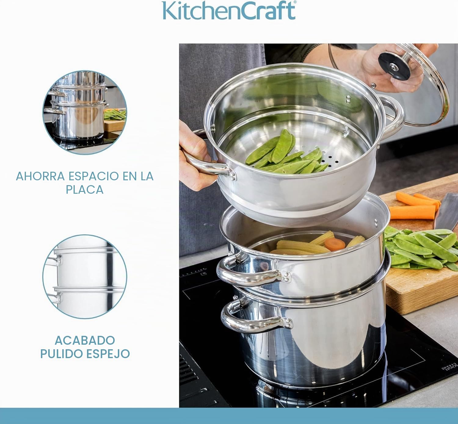 KitchenCraft - Olla Vaporera de Comida de 3 niveles / Cazuela (Stock Pot) en Caja de Regalo, Apta para Inducción, Acero Inoxidable, 22 cm