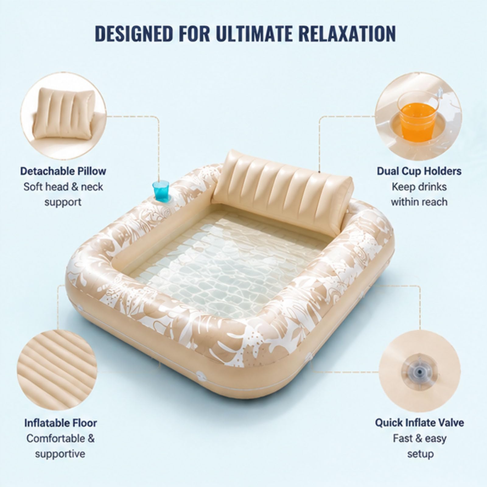 Aufblasbarer Sonnenbank-Pool-Liegefloat mit Getränkehalter und Luftpumpe