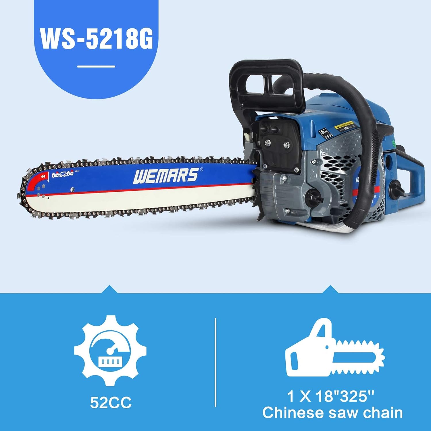 52cc Gas Chainsaws 18 Inch Bar Power Chain Saws, Gas Powered Chainsaw 2 Stroke Handed Petrol Gasoline Chain Saw for Cutting Wood Outdoor Garden Farm Home Use with Tool Kit(5218G Blue)