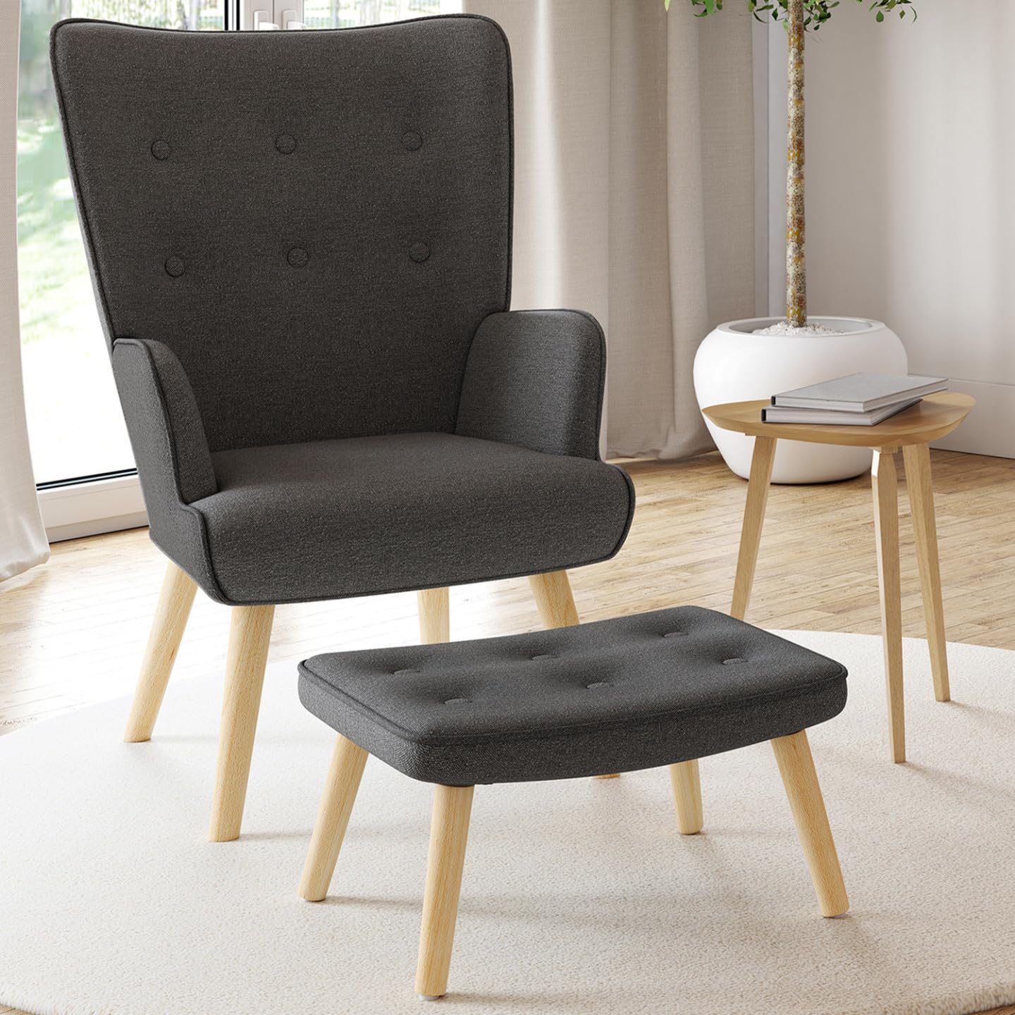 IDMarket - Fauteuil scandinave Ivar avec Repose Pieds Gris Anthracite