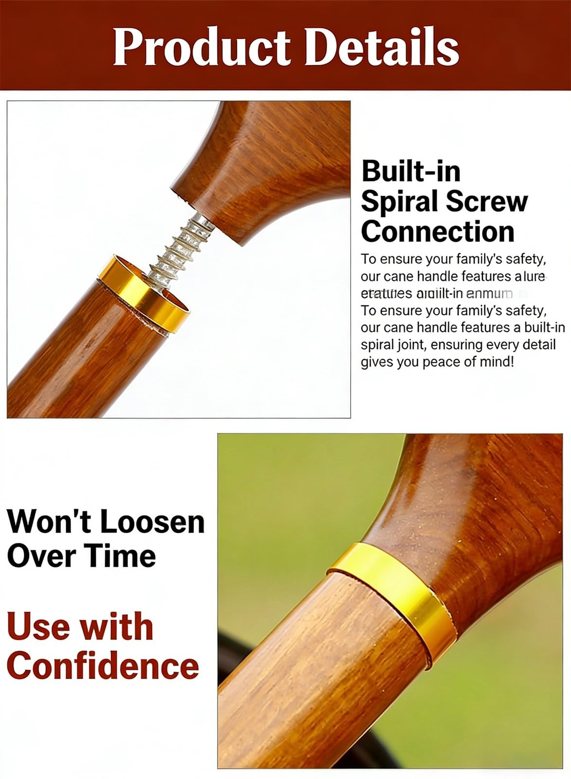 Bastón de Caminar en Madera Hecho A Mano para Hombres y Mujeres, Ergonómico para Ancianos con Mejores Puntas Goma