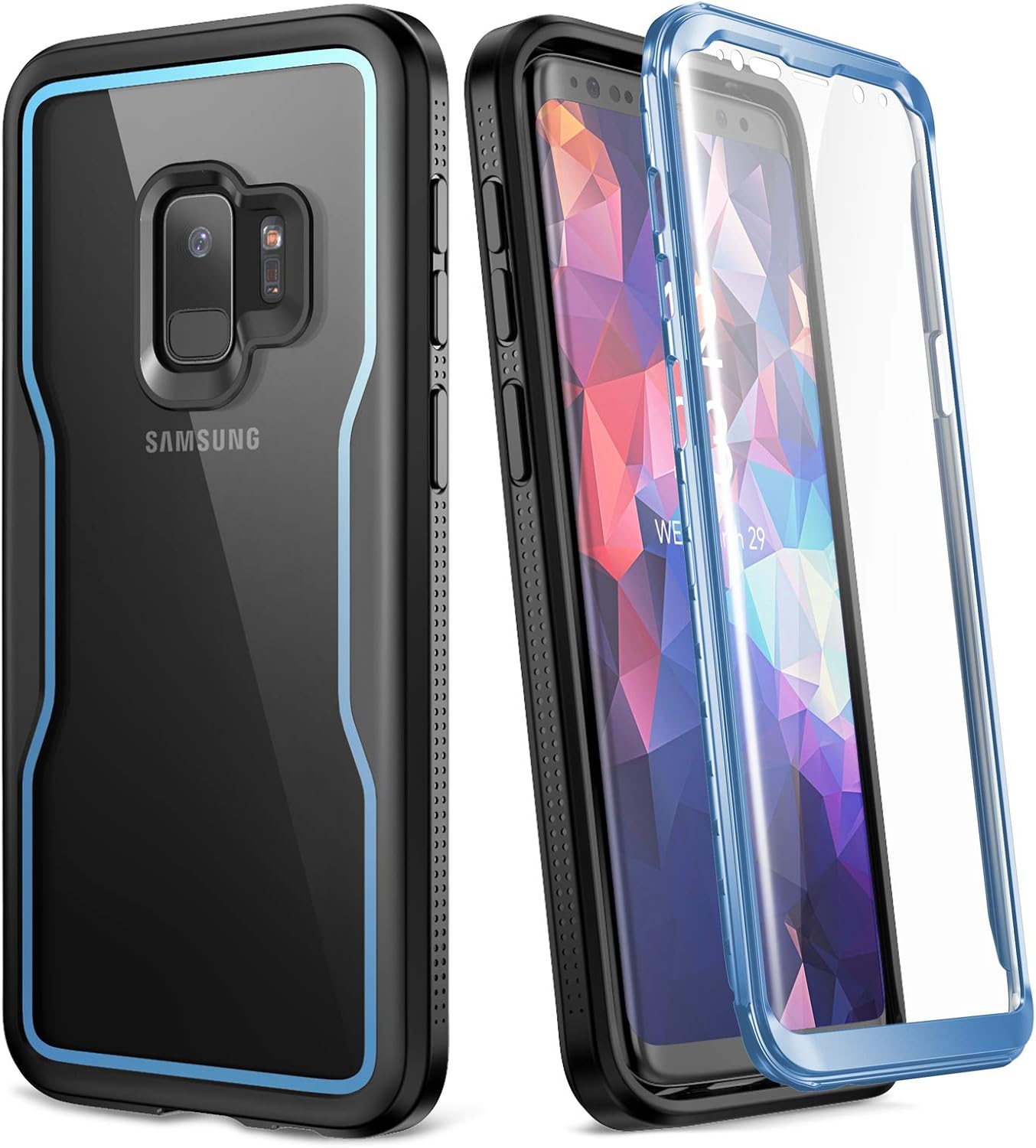 YOUMAKER Galaxy S9 Case, with Built-in Screen Protector and Clear Back, Heavy Duty Protection Shockproof Cover for Samsung Galaxy S9 Case 5.8 inch-Clear/Blue