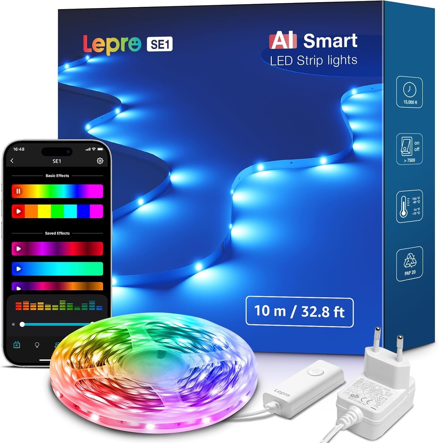 Lepro SE1 AI 10M RGB LED Strip, Smart LED Lights, Music Sync, Works with Alexa and Google Assistant, Customized AI Lighting Designer, WiFi Light for TV, Games, Bars, Parties