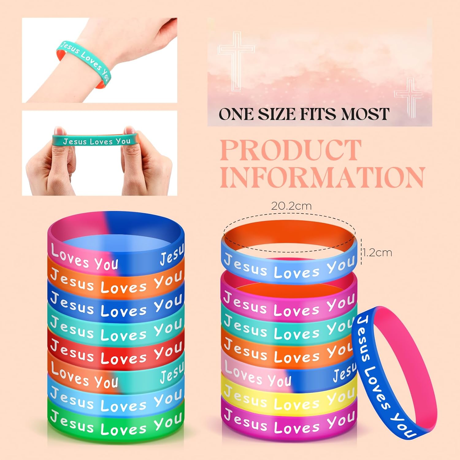 Cunno 300 Pcs Jesus Loves You Silicone Wristbands 12 Styles Colorful Christian Rubber Bracelets Religious Inspirational Bracelets Church Gifts for Men Women Teens Adults School Party, Mixed Colors