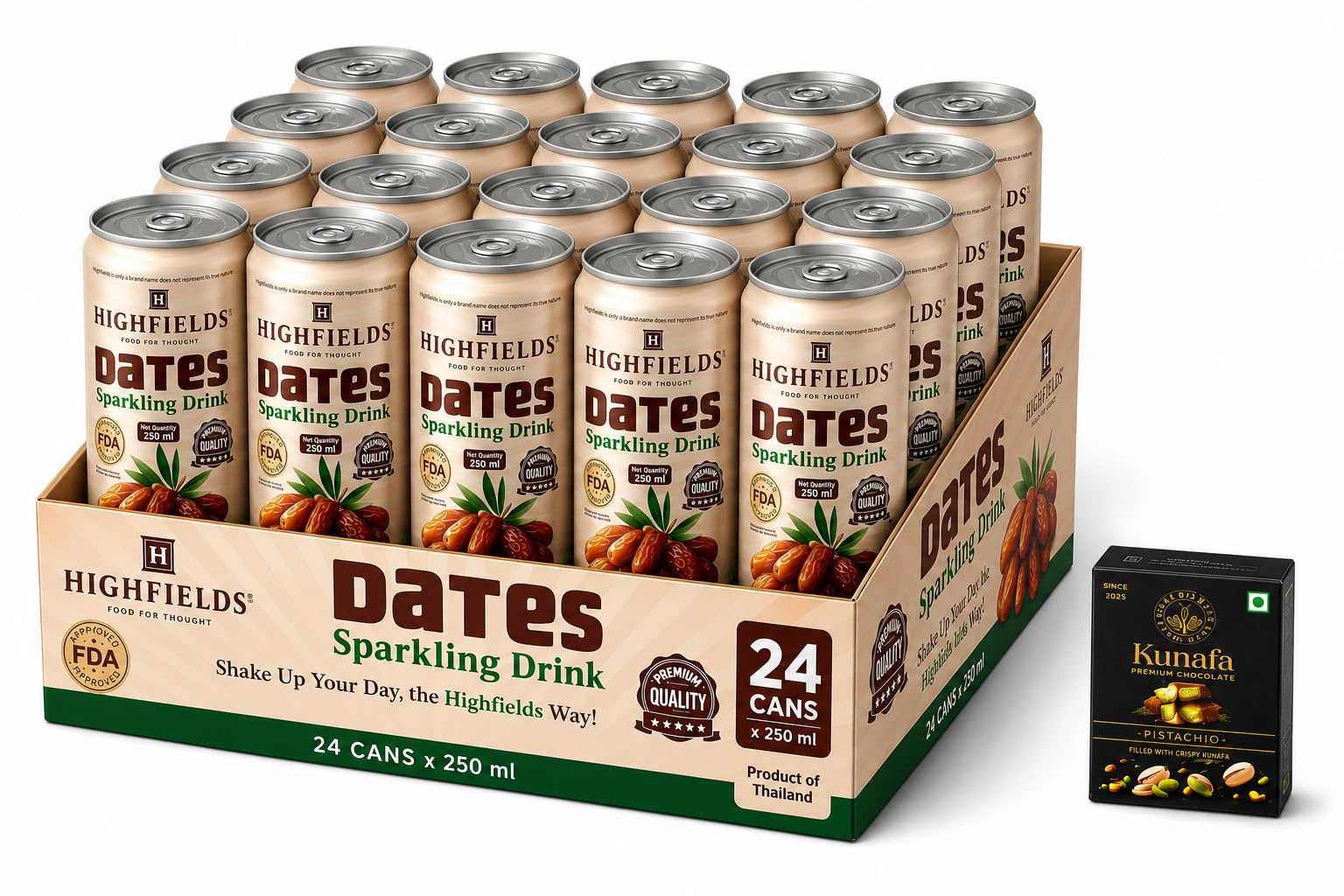 HIGHFIELDS Dates Sparkling Drink 250ml – Premium Low Sugar Sparkling Soda with Natural Dates Extract | Refreshing Fizzy Beverage | Clean Energy Hydration | 250ml Can (Pack Of 24) with Free Flavourito Kunafa Pistachio Chocolate Bar, 20g By Decadent Foods-picture-22