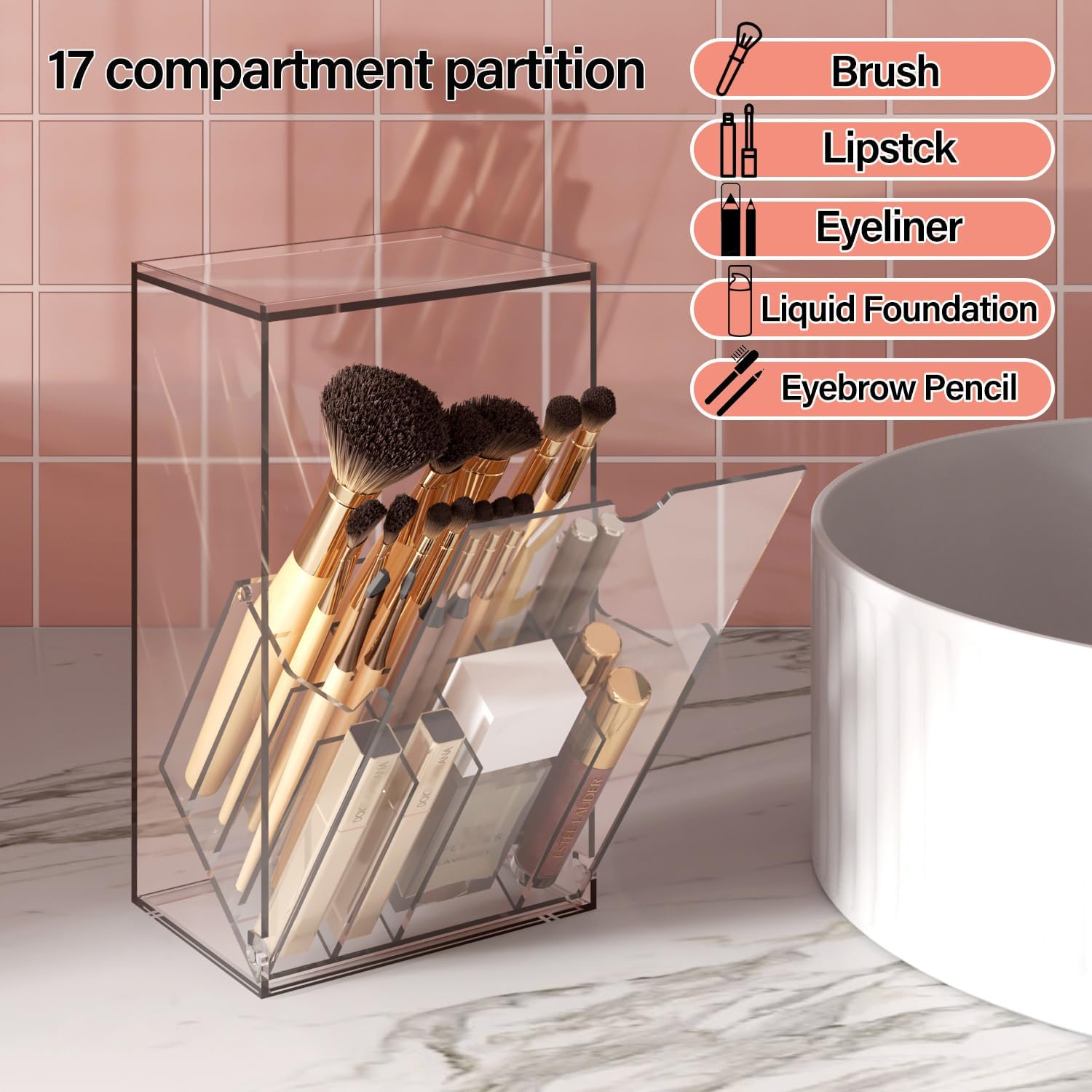 Acrylic Makeup Brush Holder Organizer with Lid，Tilt Open Cosmetic Make Up Brushes Case with 17 Slots for Vanity Bathroom Countertop