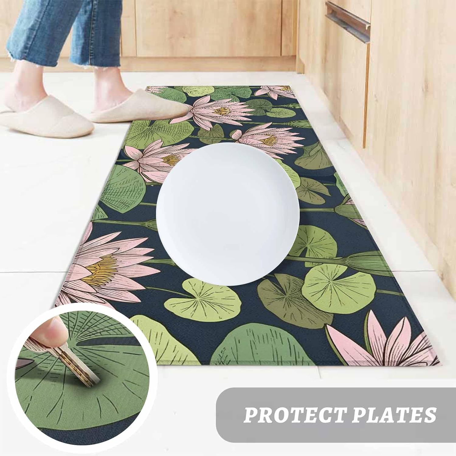 Teamery Kitchen Mats for Floor Pink Lotus Water Lily Dark Green Leaves Washable Non Slip Kitchen Rugs 1PCS, Oriental Style Absorbent Standing Mats for Sink Bathroom Office Living Room 23.6x70.9in