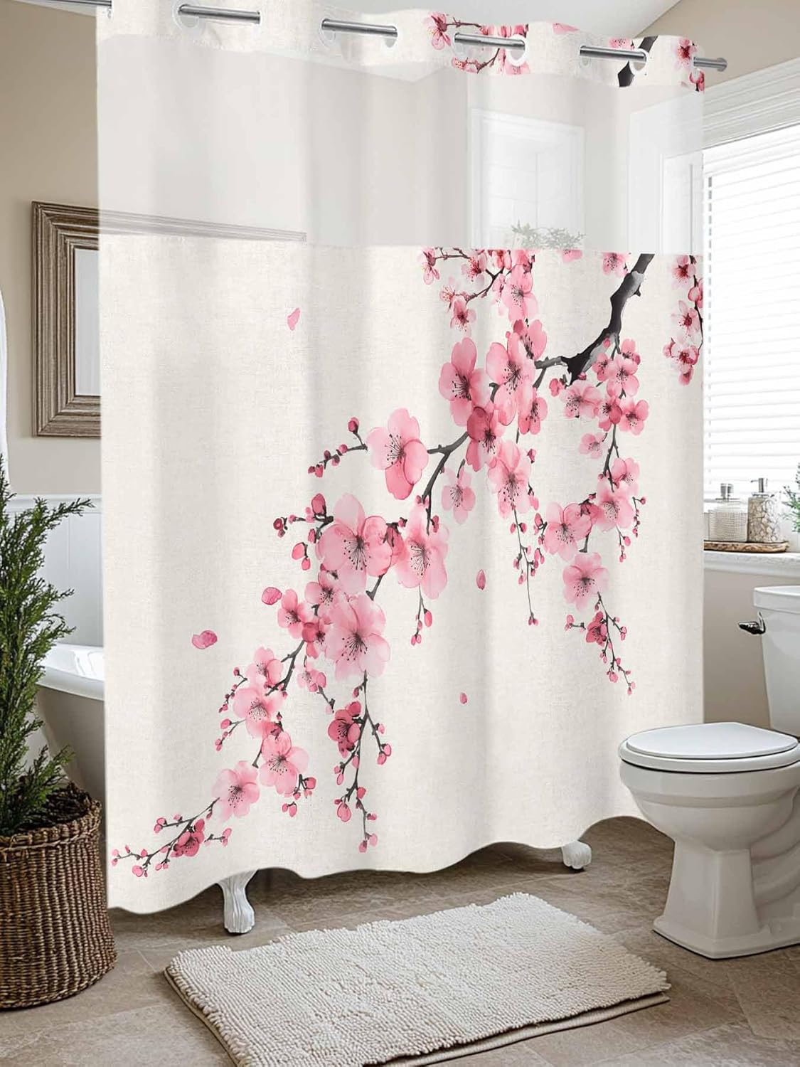 No Hooks Shower Curtain with Snap in Fabric Liner Set, Vintage Cherry Blossoms Flower Shower Curtains Waterproof & Washable Bathroom Curtain with See Through Top Window,Hotel Style,72x78in