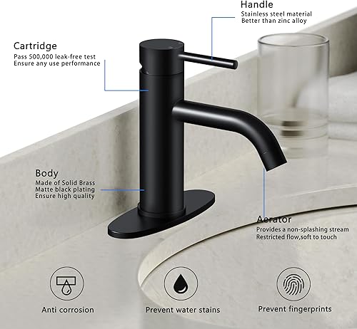 Miniatura 3 de Grifo de baño negro cepillado, grifo de lavabo de latón de una sola manija para baño con un solo orificio con montaje de drenaje de fregadero
