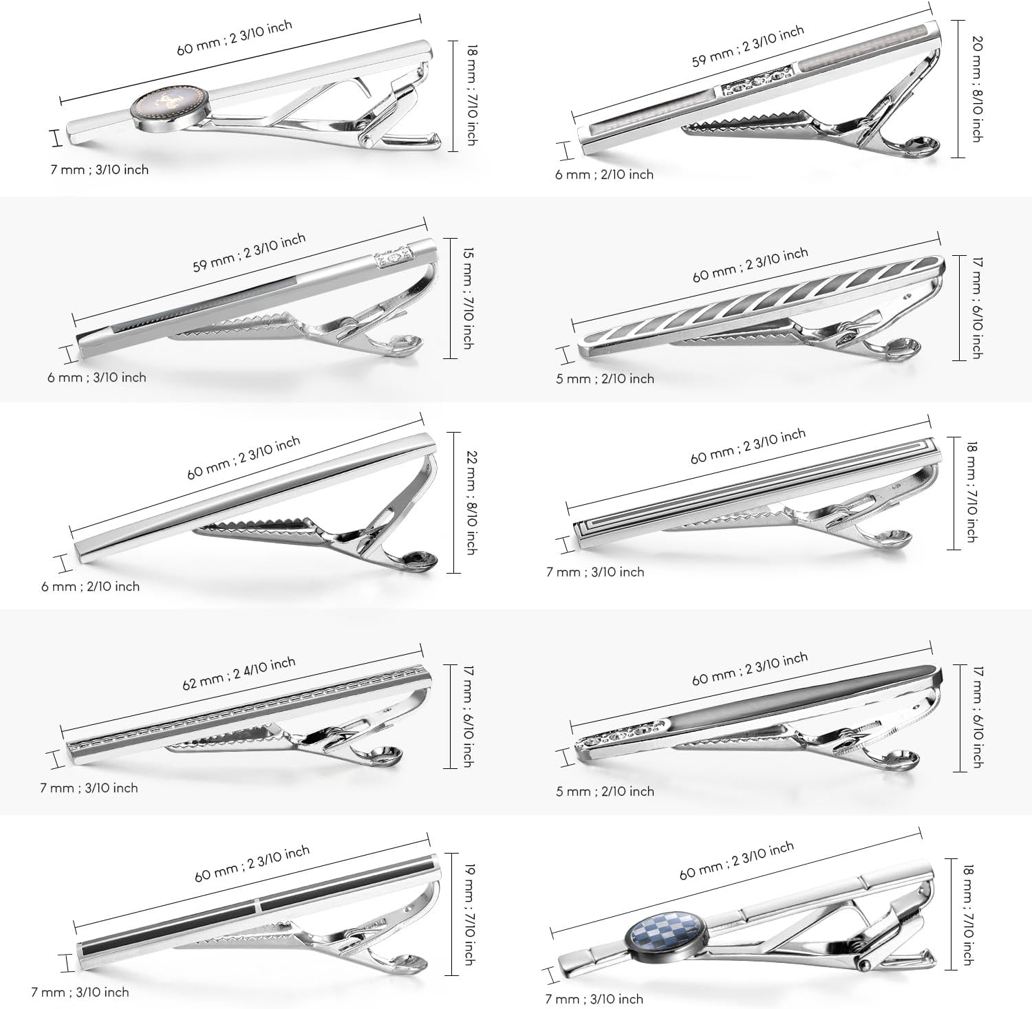 wynameleri Tie Pins for Men Silver Black 3 Pcs 10 PCS Short Tie Clip Set 2.3, 2.4 Inch Business Shirt Necktie Pinch for Men