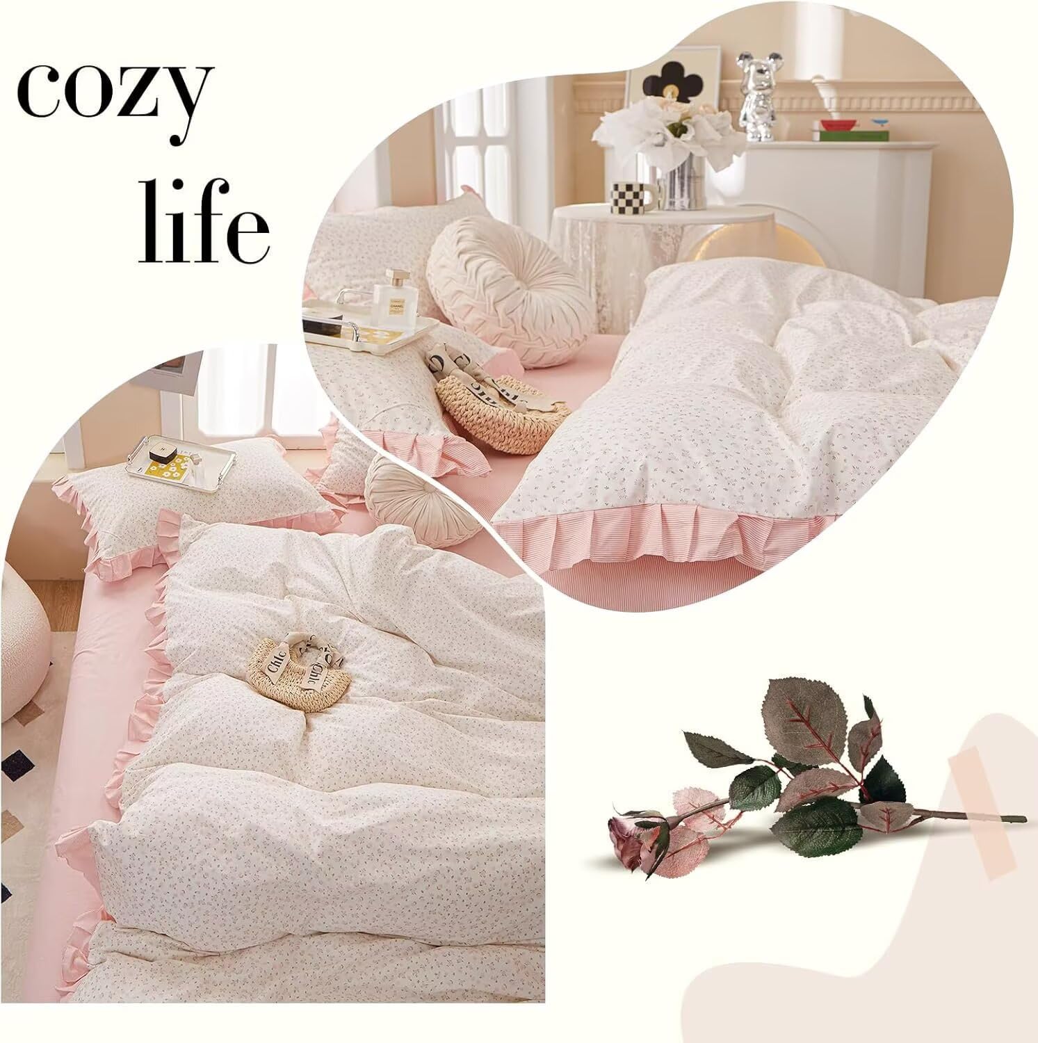 Princess Twin XL Duvet Cover Pink Floral 100% Cotton with Ruffle, Coquette Bedding, Teen Girls Romantic Comforter Cover with Zipper Closure, 3 Pcs Floral Aesthetic Bedding Sets 68"x90"