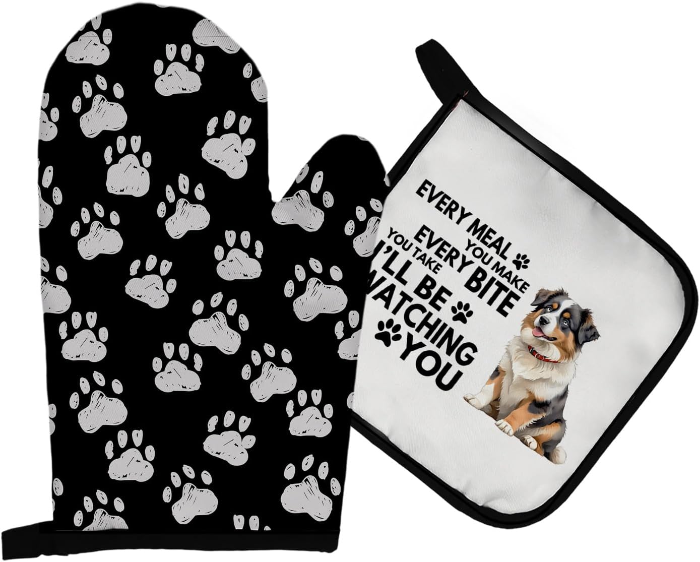 Funny Australian Shepherd Oven Mitts and Pot Holders Sets, Australian Shepherd Gifts Oven Mitts, Funny Dog Over Mittens for Kitchen Decor, Dog Lovers Mom Dad Gifts Over Gloves