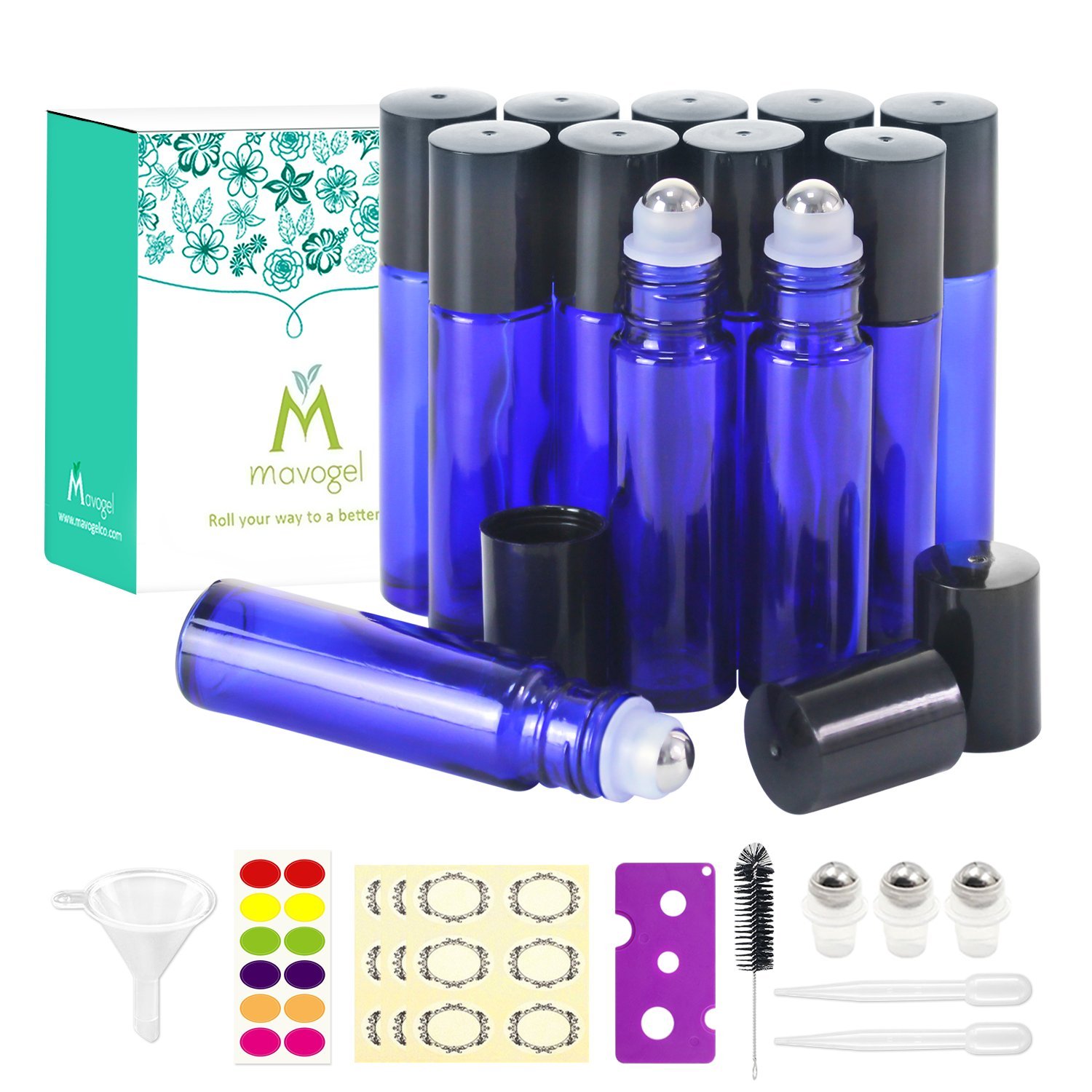 mavogel 12,10ml Roller Bottles for Essential Oils - Cobalt Blue, Glass with Stainless Steel Roller Balls (3 Extra Roller Balls, 30 Pieces Labels, Opener, Funnel, Dropper, Brush Included)