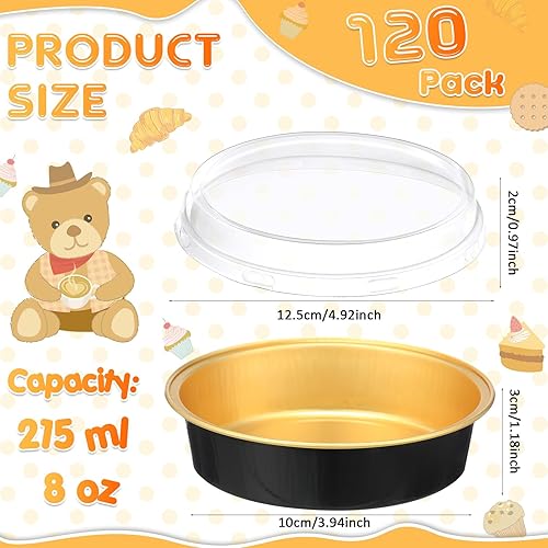 Miniatura 2 de Yinder 120 moldes desechables de 8 onzas con tapas, mini latas de papel de aluminio para tartas de papel de aluminio, recipientes redondos