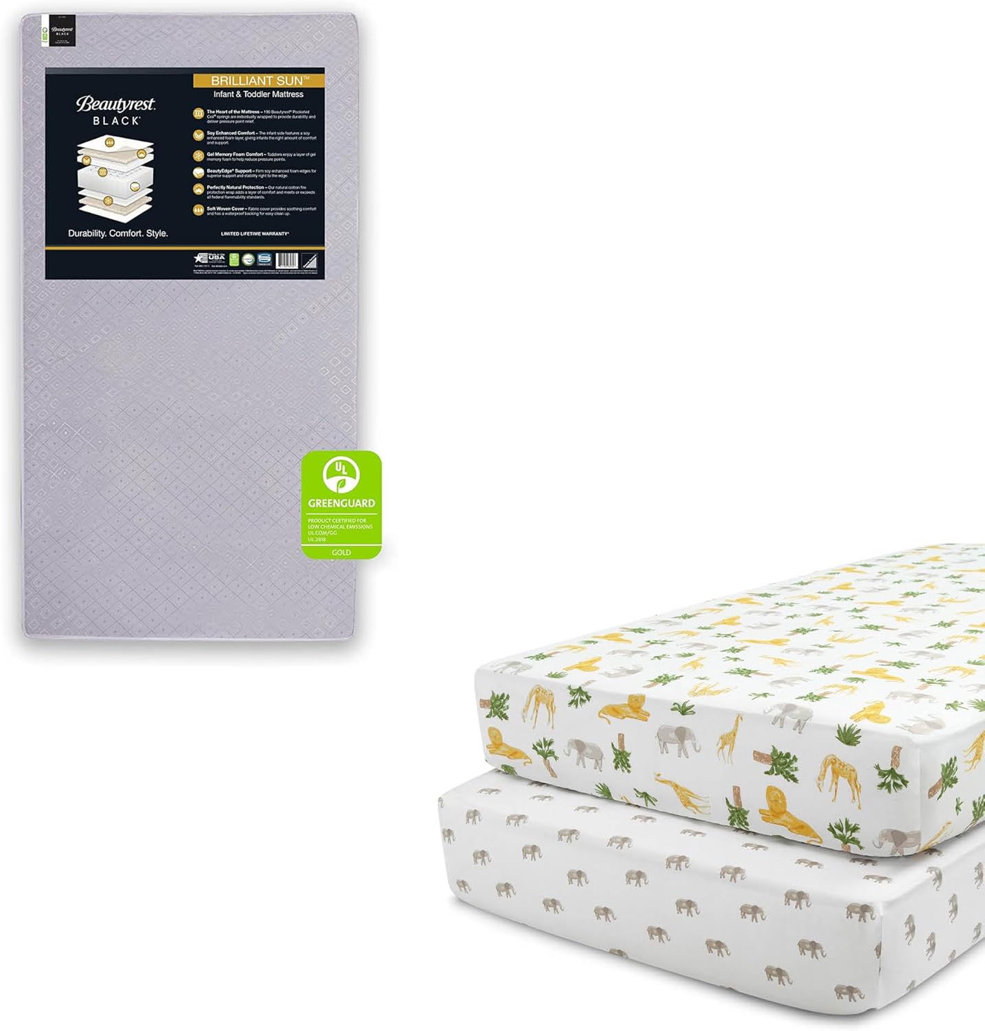 Beautyrest Beginnings Black Brilliant Sun Crib and Toddler Mattress + Delta Children Fitted Crib Sheets for Girls and Boys (Pack of 2), Safari Friends (Bundle)