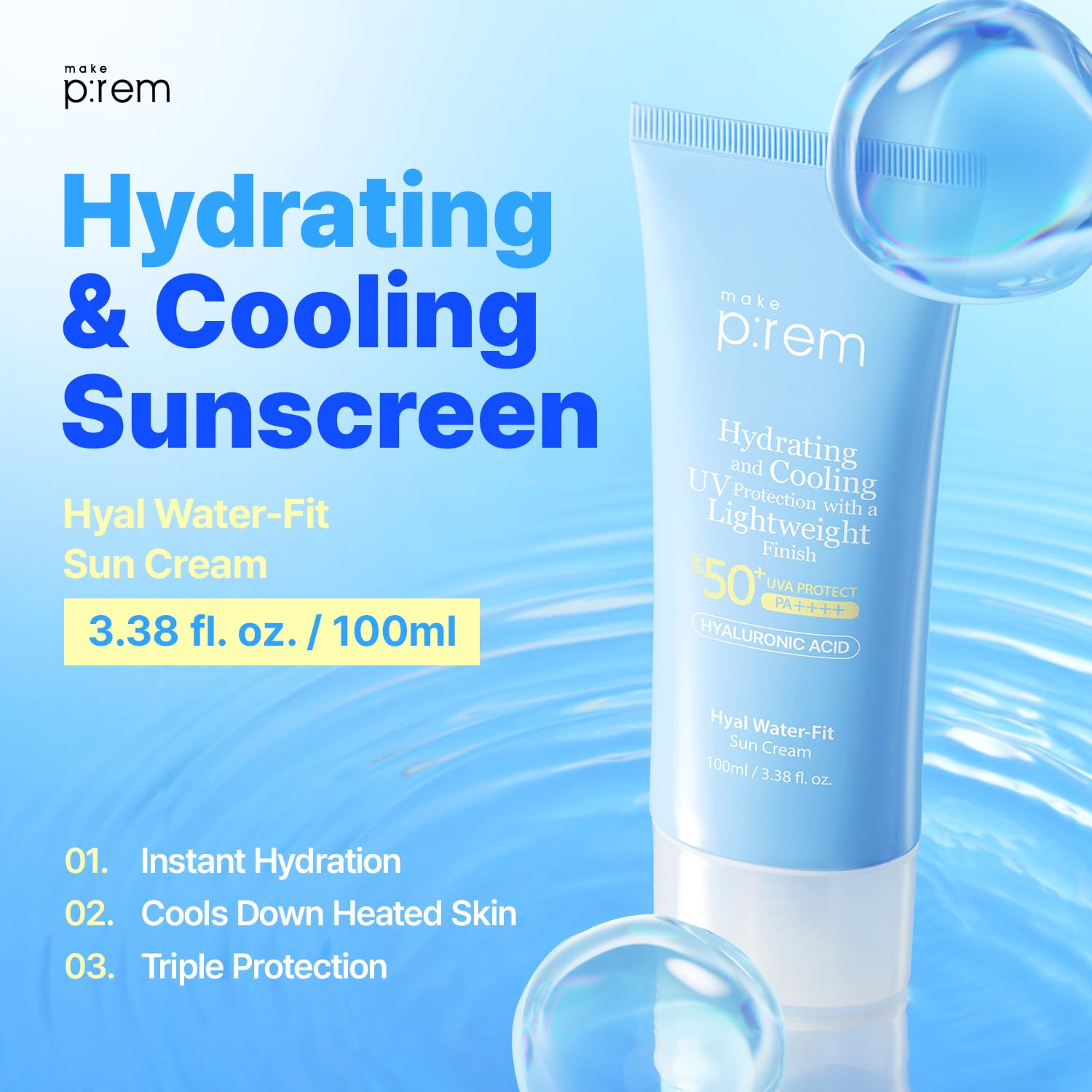 MAKE P:REM Hyal Water-Fit Sunscreen, Law-Irritation Hydrating Face & Body Sunscreen, SPF 50+ PA++++, Korean Sunscreen, 3.38 fl.oz., 100ml