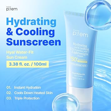 MAKE P:REM Hyal Water-Fit Sunscreen, Law-Irritation Hydrating Face & Body Sunscreen, SPF 50+ PA++++, Korean Sunscreen, 3.38 fl.oz., 100ml