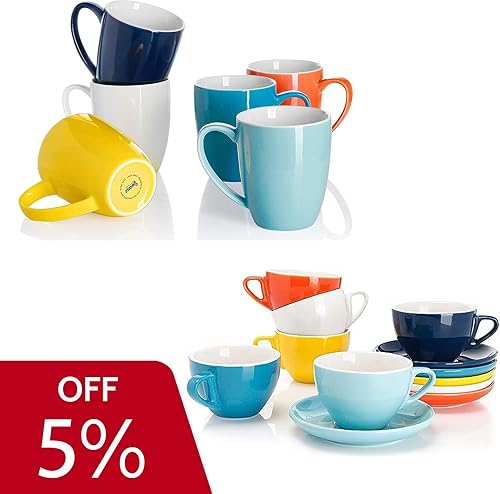 Sweese Tazas de porcelana de 12 onzas para café, té, moca y bebidas calientes, tazas de espresso de 2 onzas con platillos, juego de 6 tazas de