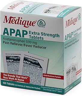 Medique @ Home 70433 Extra Strength APAP Tablets, Non-Aspirin, 50 Packets (2 Tablets per Packet) Total-100 Count