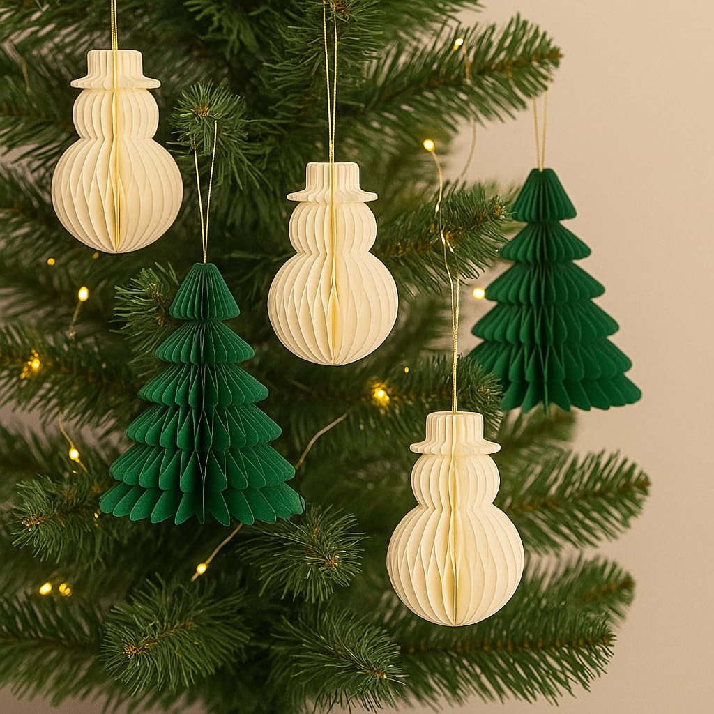 Quickdraw Honeycomb Christmas Tree & Snowman Hanging Decorations – Set Of 6 Paper Ornaments 10Cm | Festive 3D Honeycomb Baubles For Christmas Tree Home School Office Party Winter Wonderland Seasonal Decor