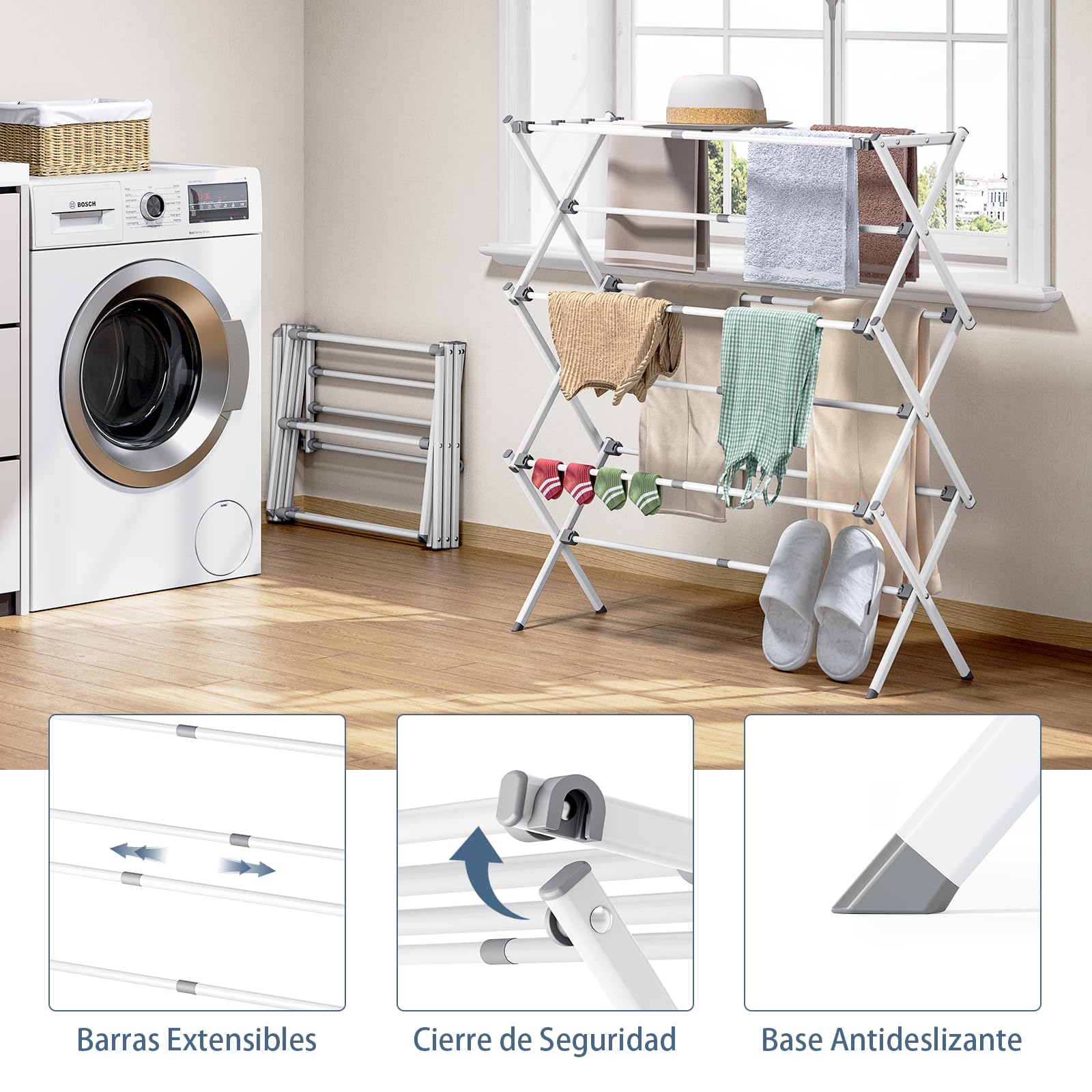 SYKIARIOL Tendedero Vertical Metálico Plegable con 3 Niveles - Tendedero de Ropa Extensible para Interior y Exterior - Material Resistente al Óxido (89x30x95.5 cm) - Lavandería Balcón - Blanco