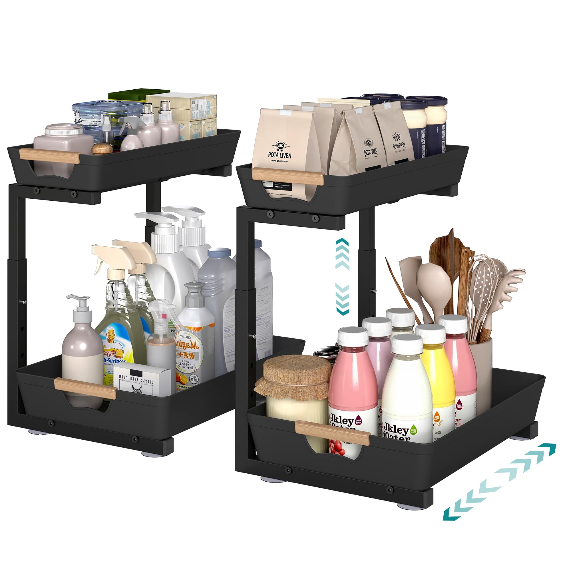 SONGMICS Under Sink Organiser, 2-Tier Kitchen Storage with Sliding Drawer, Kitchen and Bathroom Under Sink Shelf with Hooks, Cupboard Organiser, 40 x 29.5 x 41.5 cm, Ink Black KCS218B101
