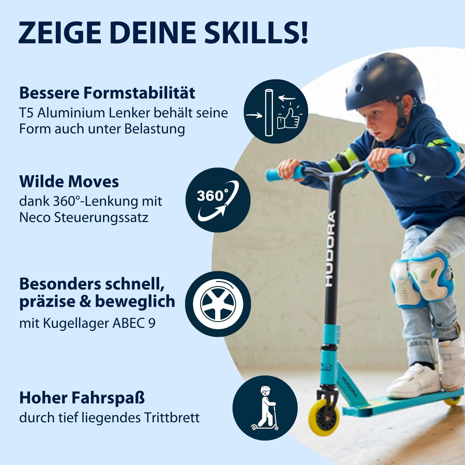 HUDORA Stuntscooter Kids - 360° Lenkung - Tretroller - ABEC 9 Kugellager - Robuster Funscooter, Kickscooter, Stunt Scooter, Trick Roller, Cityroller