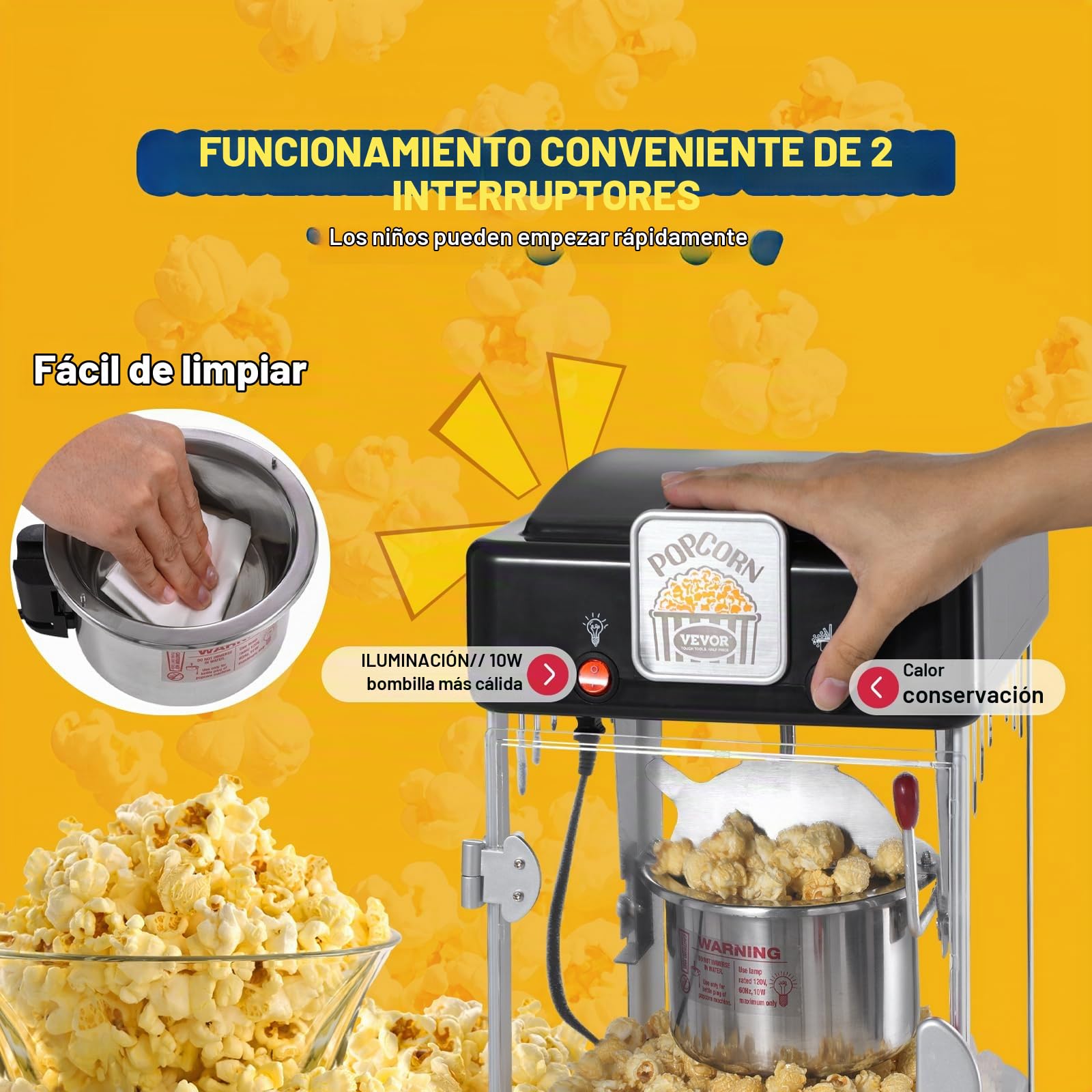 VEVOR Máquina para Hacer Palomitas de Maíz, 300 W, Máquina para Hacer Palomitas de Maíz de Sobremesa con Puerta de Polipropileno, Incluye 2 Palas y Bandeja, Estilo Cine, Negro, 240 x 275 x 475 mm
