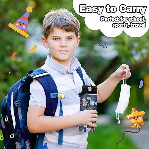 Miniatura 8 de Botella de agua de dinosaurio  Botella de agua de acero inoxidable de 16 onzas con popote  Lindo vaso aislado de dinosaurios para niños, vaso de