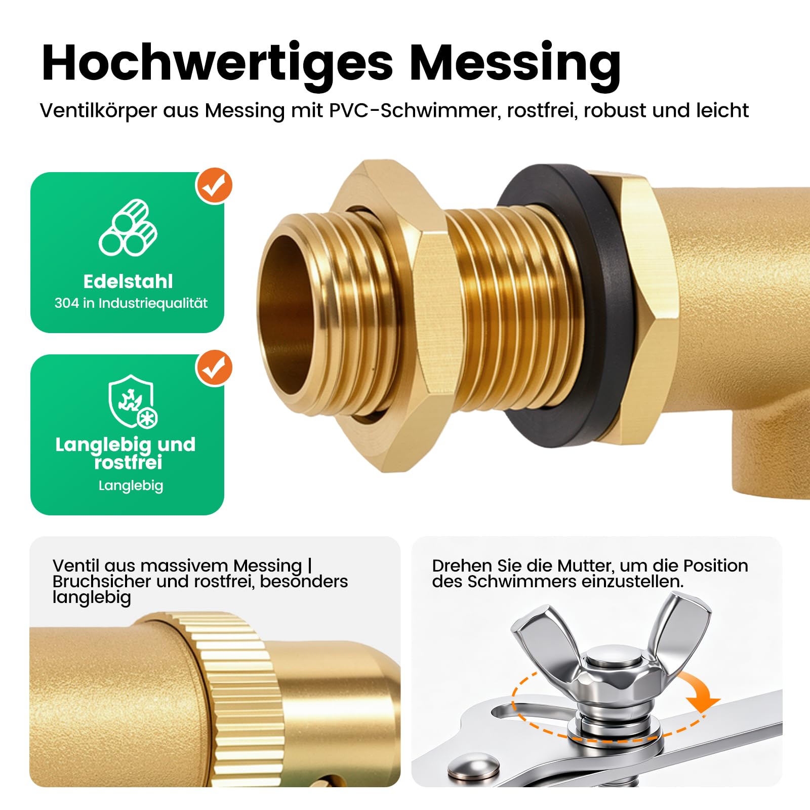 1/2" Schwimmerventil, Messingventil mit Kunststoffschwimmer, schwimmender Kugelhahn mit verstellbarem Arm, automatische Wassernachfüllung, für Fischbecken, Hundetränken, Rinder- und Schafstränken