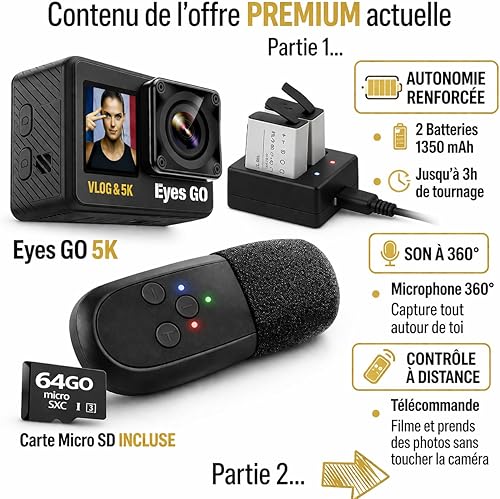 French Brand 31 Sports Camera Accessories 5K30fps 4K60FPS 120FPS Photo 50MP 2 Touch Screens Vlog Micro Remote Control 360° Stabilizer E.I.S 2.0 Waterproof 30M SDXC Card 64GO 2 Batteries - 6