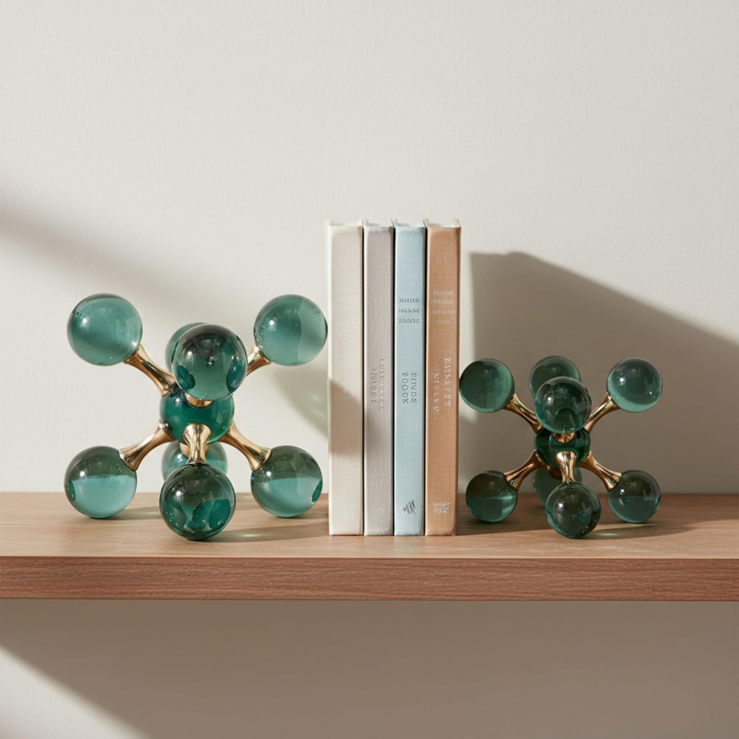 Set of 2 Decorative Bookends, Glass Jacks – Crystal Book Holder for Shelf Decor and Office – Glam Design for Book Accessories, Modern Home Decor, Books Lovers Gifts for Office – 7" & 5", Green