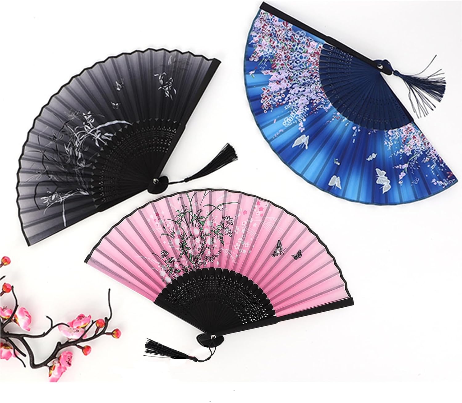 12psc Floral Hand Fans for Women Foldable, Boots On The Ground Fan, Bamboo Fans for Line Dancing Wedding Cooling with Tassel Bag