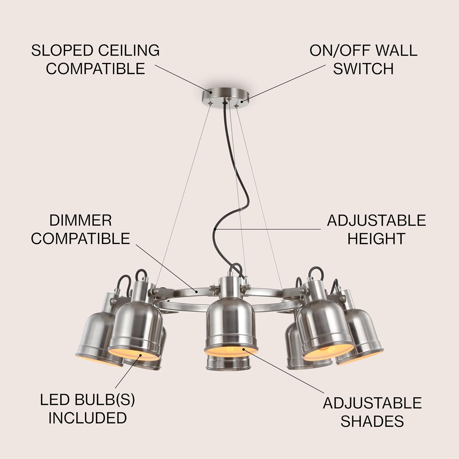 JONATHAN Y 26.5" Nickel Modern 8-Light Industrial Metal LED Chandelier, Wagon Wheel Stage Light for Kitchen Island Loft Dining Room, Metal Shades (JYL6115A)