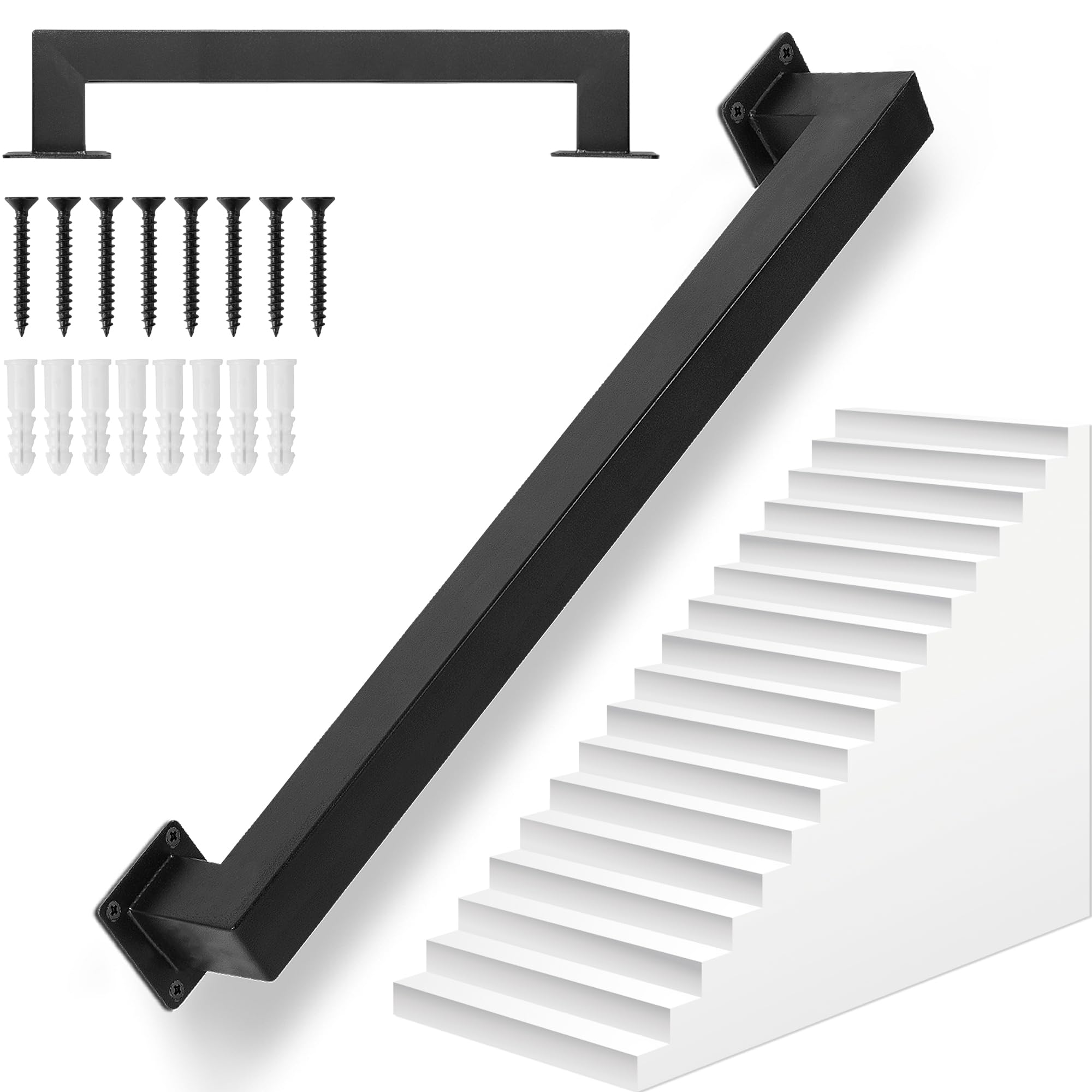 OUUTMEE Pasamanos de 90 cm de tubo cuadrado de acero al carbono, adecuado para uso interior y exterior, barandilla de escalera, altura 7,5 cm, negro