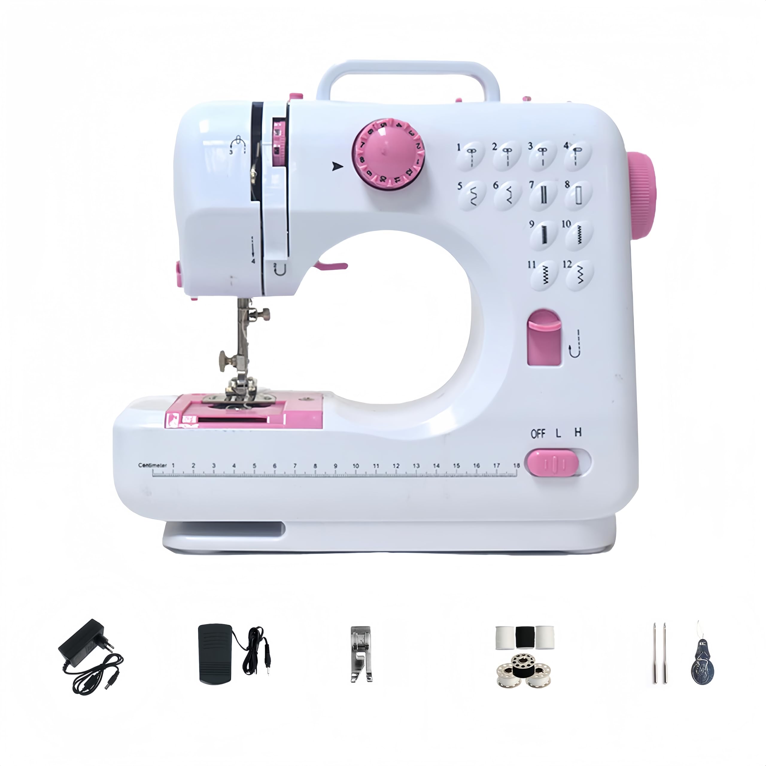Macchina da cucire elettrica a 12 punti, 505 A, macchina da cucire automatica per uso domestico con due fili con 12 programmi di cucito da 220 V, pulsante rosa