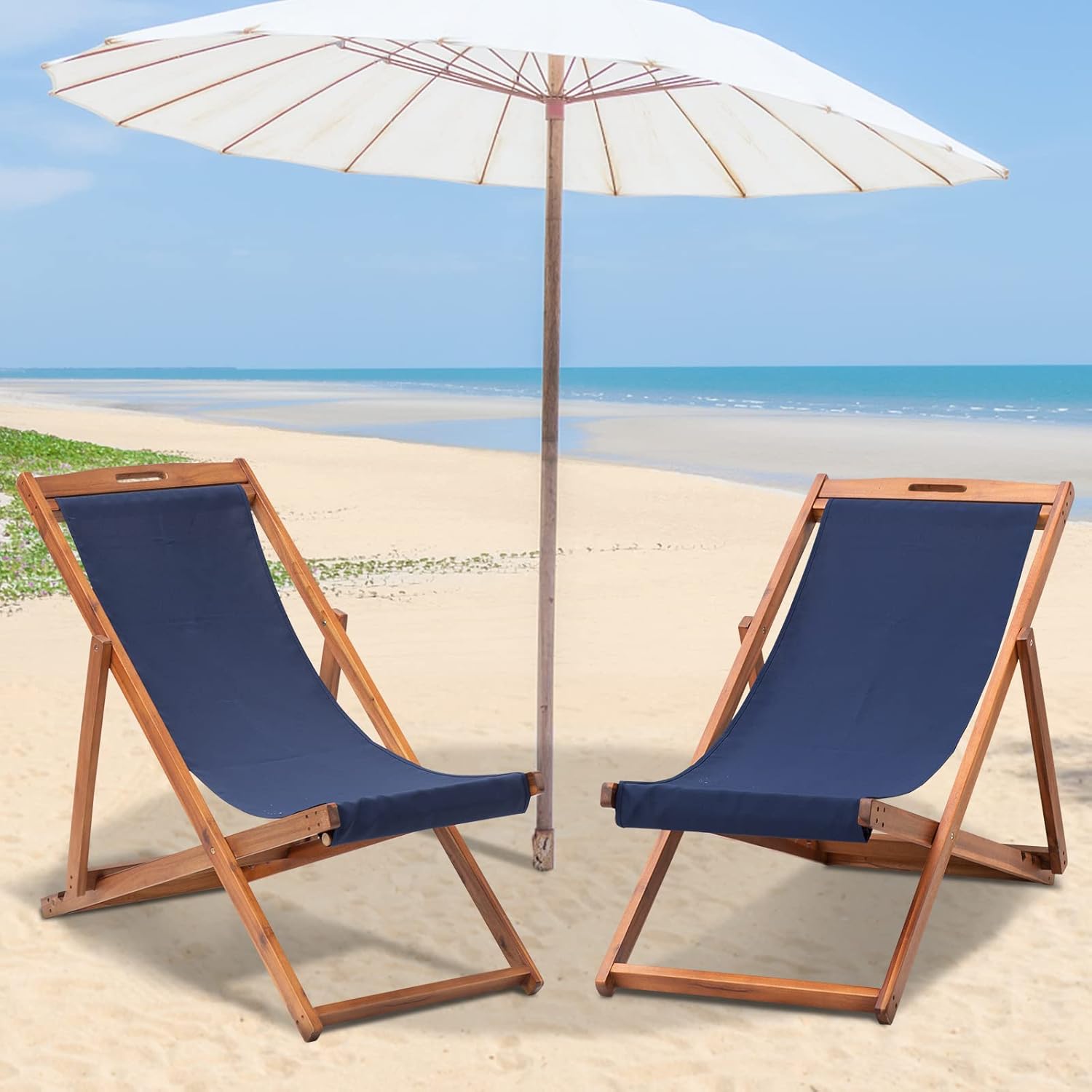 Sling Chairs Outdoor Set of 2, Folding Beach Lounge Chair Eucalyptus Wood Frame Patio Chair, 3-Stage Adjustable Reclining Tanning Chair (Blue)