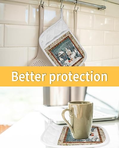 Miniatura 36 de Juego de 2 agarraderas de tela de toalla para cocina, antideslizantes, aislantes y térmicas, con bolsillo, guantes gruesos para horno, posavasos