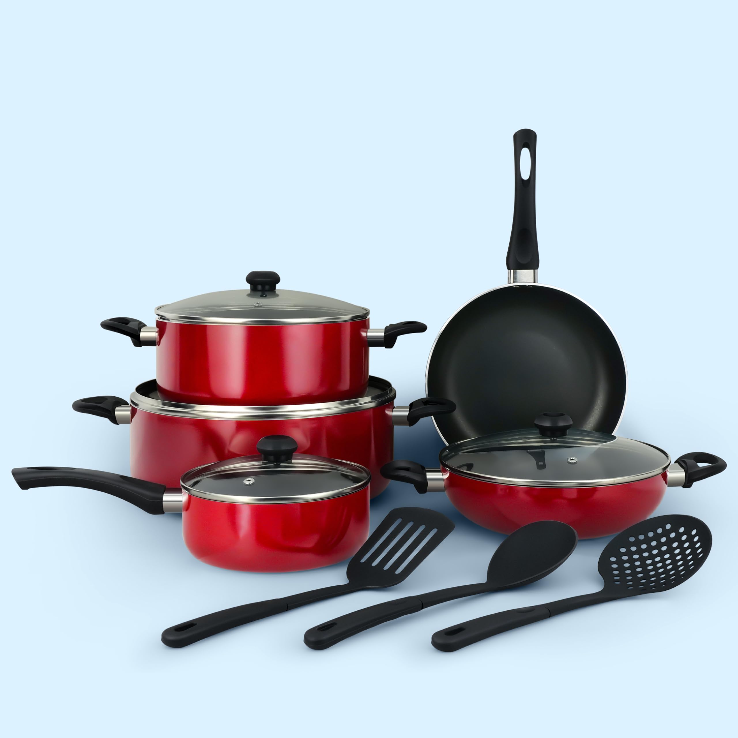 Delici 12-Piece Nonstick Cookware Set With Glass Lids And 3 Nylon Spatula, PFOA Free-High Temperature Resistant Exterior Coating-ACS12M