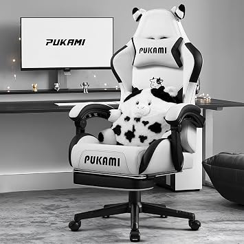 PUKAMI Gaming Chair with Cat Ears,Cute Computer Chair for Girl with Footrest,Ergonomic Gamer Chair, Kawaii Gaming Chair, Game Chair Black and White