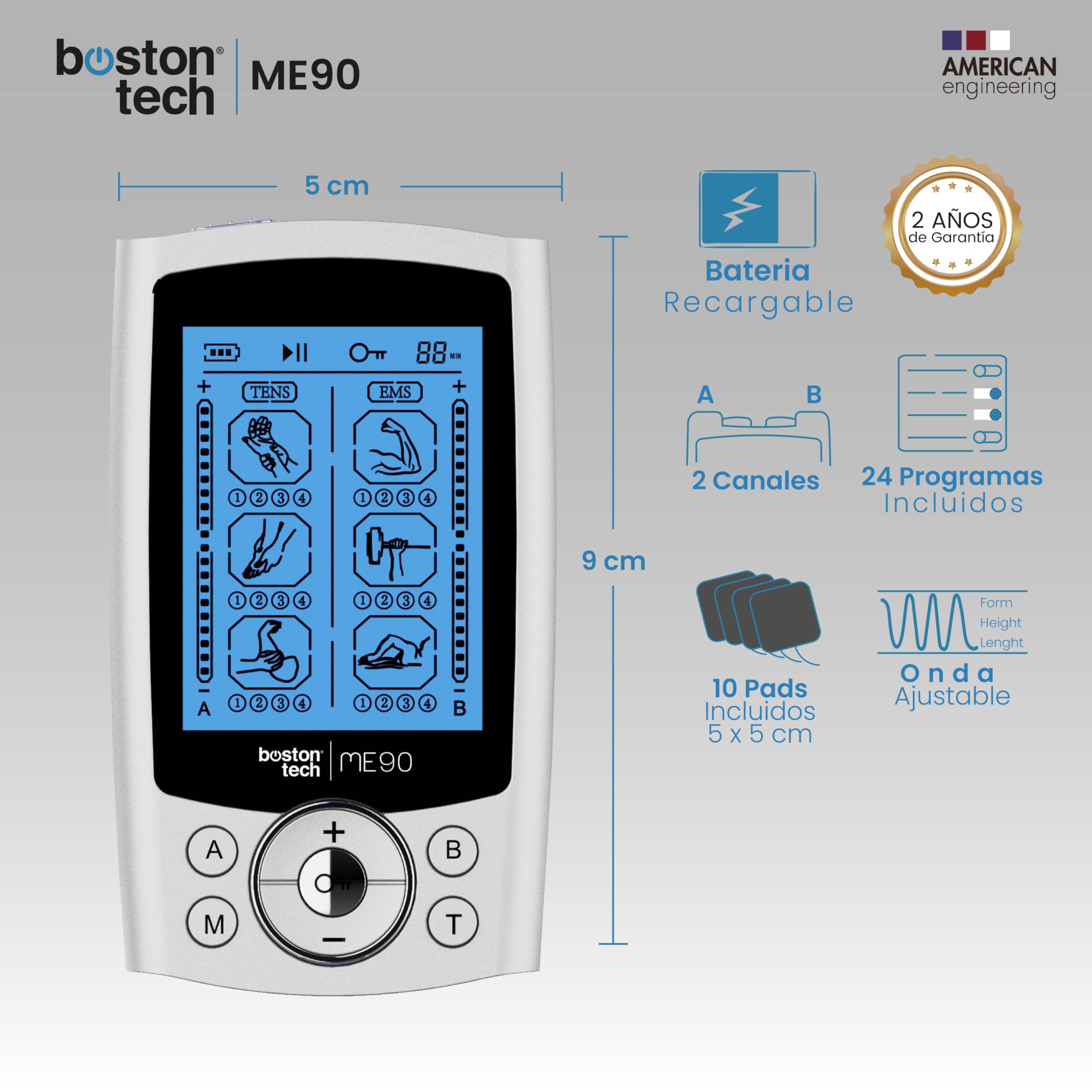 Boston Tech Electroestimulador Muscular ME90. TENS EMS. 2 Canales. 24 programas. 16 Niveles de Intensidad. Incluye 10 Electrodos. Alivio rápido y eficaz del Dolor