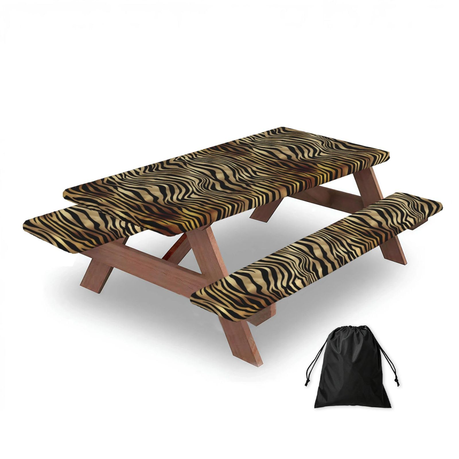 Dopklna As Picture African Black Gold Zebra Animal Skin Sepia, Picnic Table Cover With Bench Covers -Waterproof Elastic Fitted Tablecloth For Garden Camping Patio 76X152cm