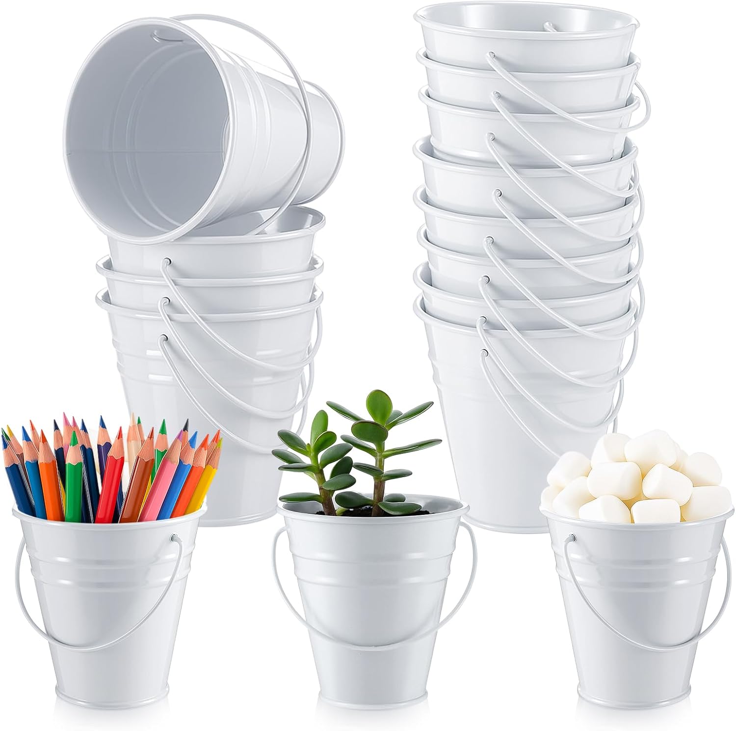 Sadnyy 24 Pcs 3.5in Small Metal Buckets with Handle, Mini Metal Pail Tin Galvanized Pail Container for Trick or Treat Flower Plant Craft Halloween Party Favors Garden Home Decoration (Silver)